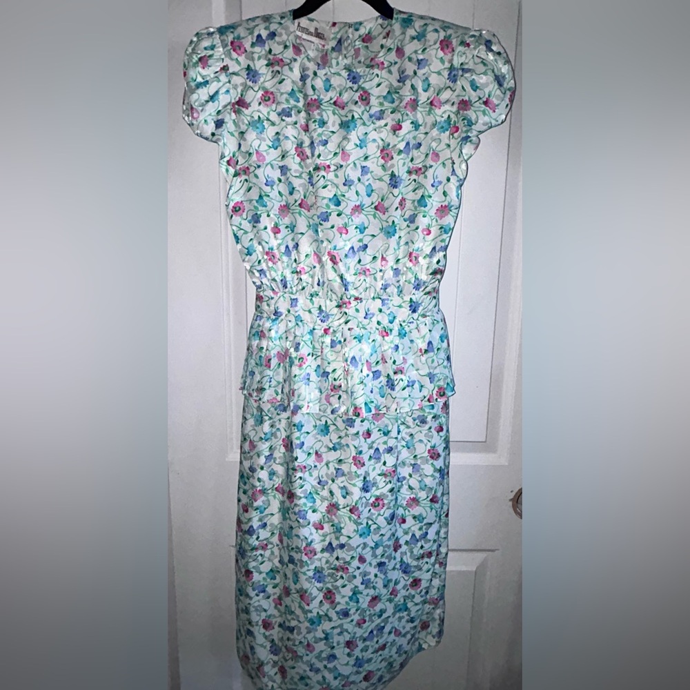 Vintage 80’s Petites for Maggy Dress Sheath Belt Ruffled Waist Blue Floral